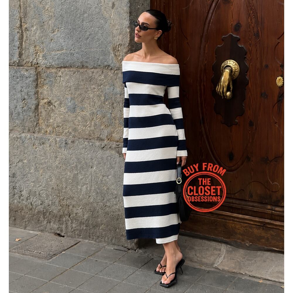 ZARA Striped Knit Off Shoulder Midi Dress NWT Size M - Picture 8 of 16